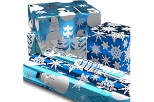 Hallmark Blue Foil Christmas Wrapping Paper with Cut Lines on Reverse (3 Rolls: 60 sq. ft. ttl) Snowmen, Snowflakes, Christmas Trees