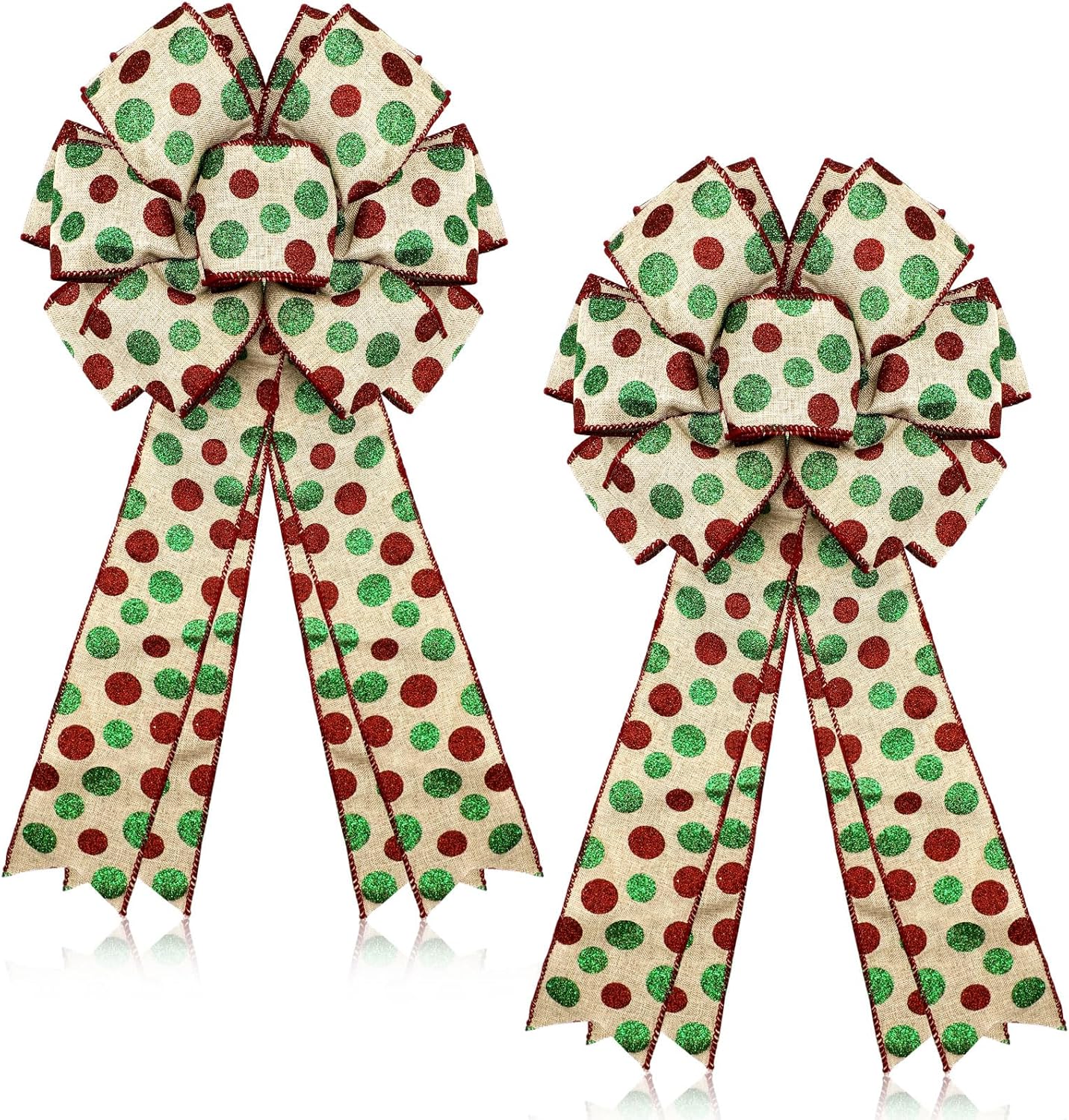 Bows & Ribbons - Ceenna 2 Pcs Christmas Wreath Bow 10 x 18 Inch Large Red Green Polka Dot Bow Christmas Tree Topper Xmas Burlap Wreath Bow for Front Door Home Indoor Outdoor Party Decor (Flaxen)