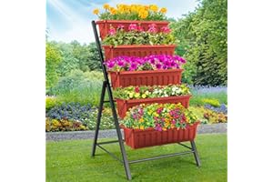 Homdox 5-Tier Elevated Garden Bed- Freestanding Vertical Raised Bed for Gardening, 5 Garden Planter Boxes and 5 Hooks, Perfect to Grow Vegetables Herbs Flowers Indoor(Brick Red)