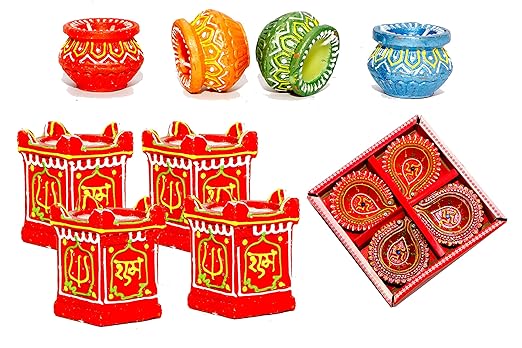 Diyas by Sandhaya Mobile Shop|Tulsi Diya|Matki Diya|Diya Oil Lamps|Terracotta Diwali Diya Set of 12 with Decoration Combo Gift Pack