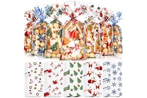 Outus 100 Pieces Christmas Cellophane Treat Bags, Plastic Christmas Cello Bags with Twist Ties for Candy, Cookie, Goodies, Gift Wrap, Xmas Party Favor Supplies