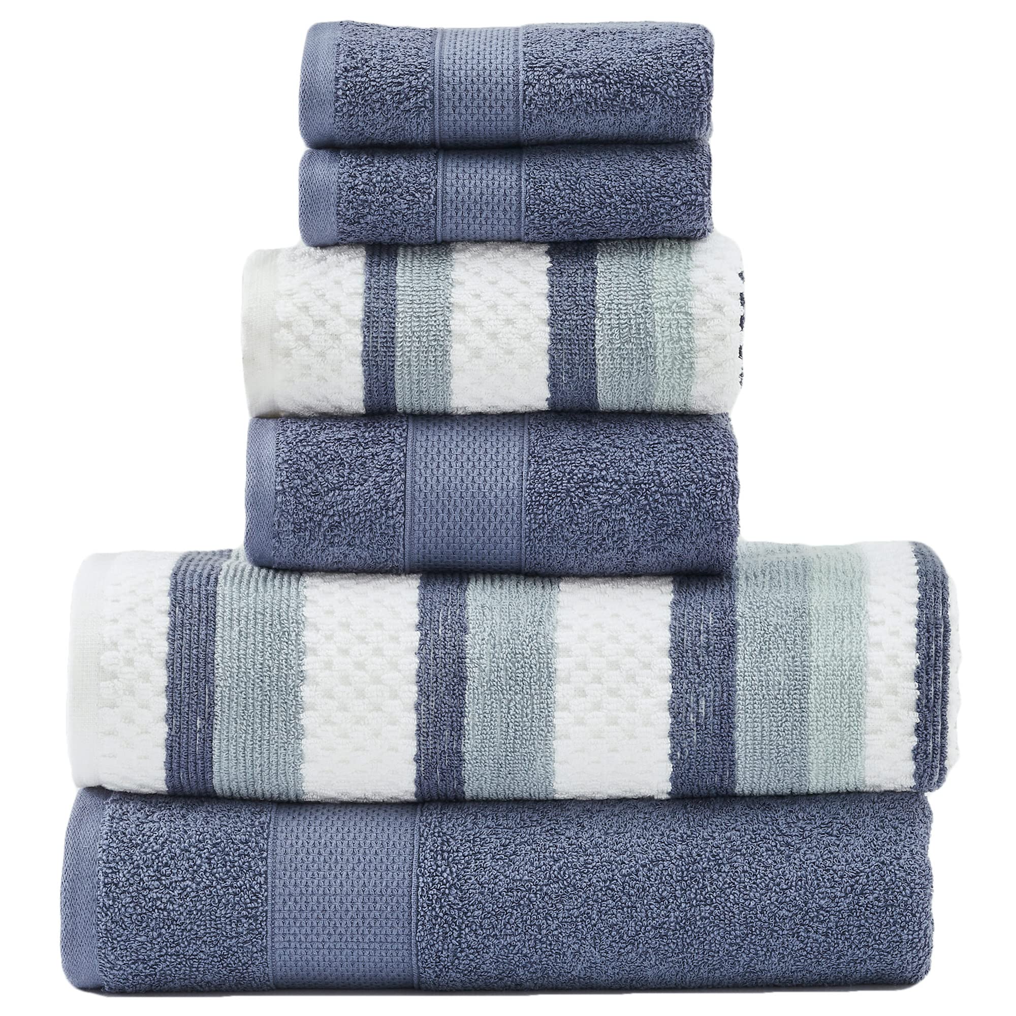 Modern Threads Pax 6-Piece Reversible Yarn Dyed Jacquard Towel Set - Bath Towels, Hand Towels, & Washcloths - Super Absorbent & Quick Dry - 100% Combed Cotton, Denim Image