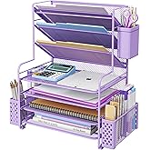 Simple Trending 7 Tier Desk File Organizer, Letter Tray Paper Organizer with Pen Holder and Metal Hanging Basket, Purple