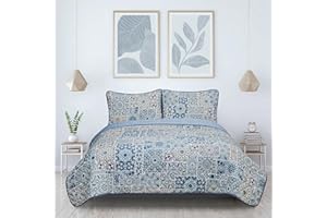 Reversible Boho Quilt Set Queen Size, 3 Pieces Patchwork Gray All Season Bedspreads, Ultra Soft Floral Coverlet Bedding Set w