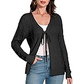 Women's Long Sleeve Cardigan Sweaters Tie Front Chunky Rib Knit Shrug Cardigan Bow V Neck Trendy Fall Coats Outerwear