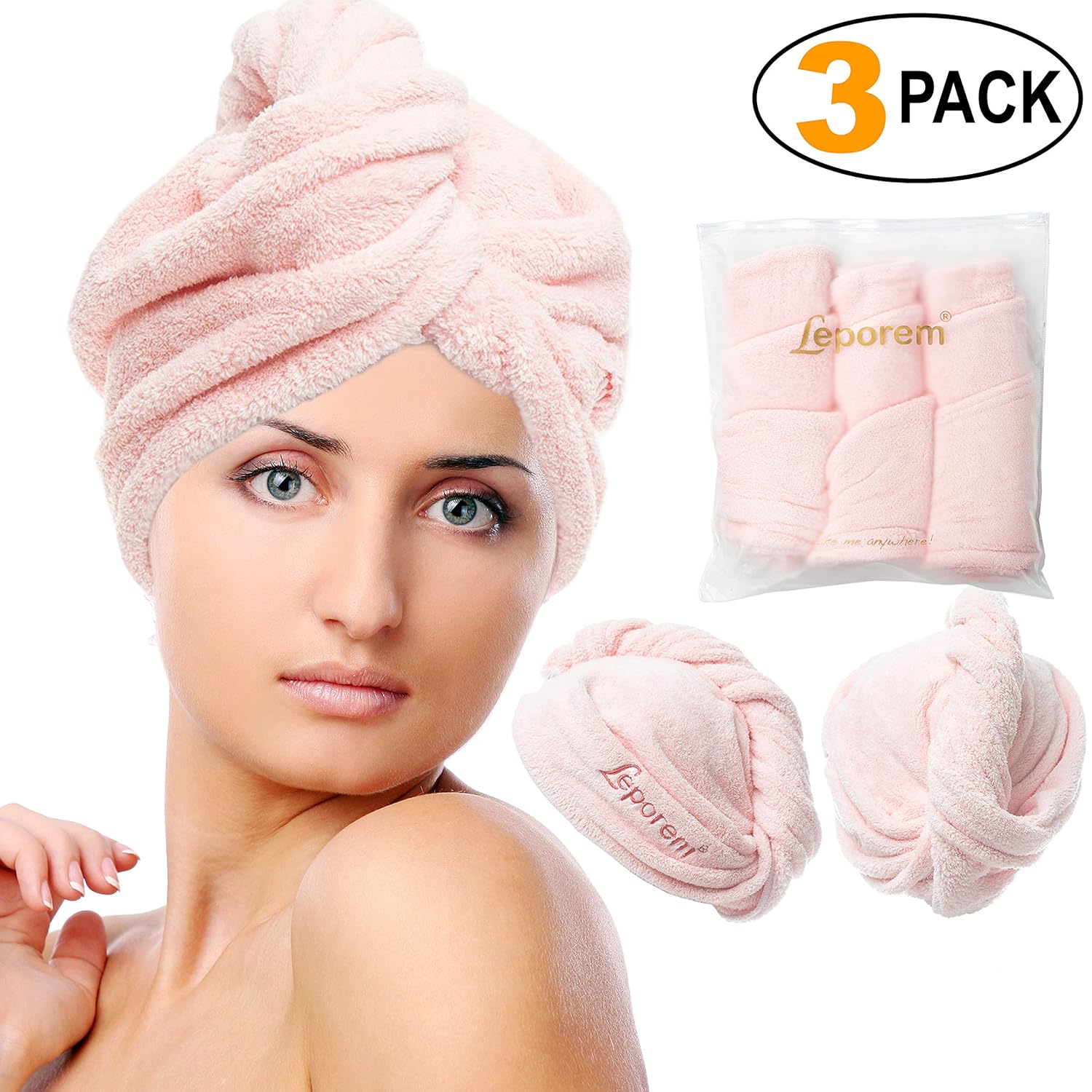 3 Pack Hair Towel - LARGE 10” X 26” Premium Microfiber Hair Towel Wrap, Super Absorbent & Quick Drying Hair Towel Turban for Dry, Curly, Long & Thick Hair, Large Beautiful Hair Wrap Towel (Pale Pink): Home & Kitchen