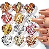 Unique Gold Flakes for Nails 12 Boxes Irregular Aluminum Golden Nail Glitter Foils Holographic Gold Foils for Nails Gradient Silver Rose-Gold Nail Art Sequins Designs DIY Charms Manicure Decorations