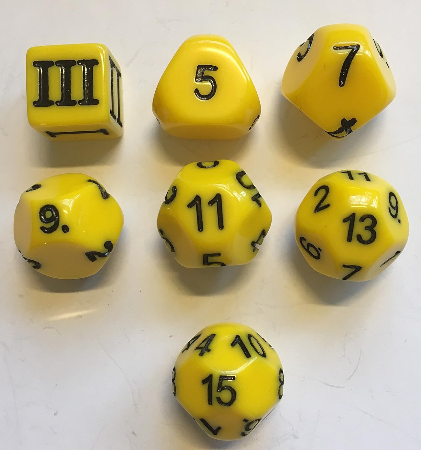 Yellow 7 Unusual Odd Numbered Dice Set D3, D5, D7, D9, D11, D13 & D15 Toys & Games