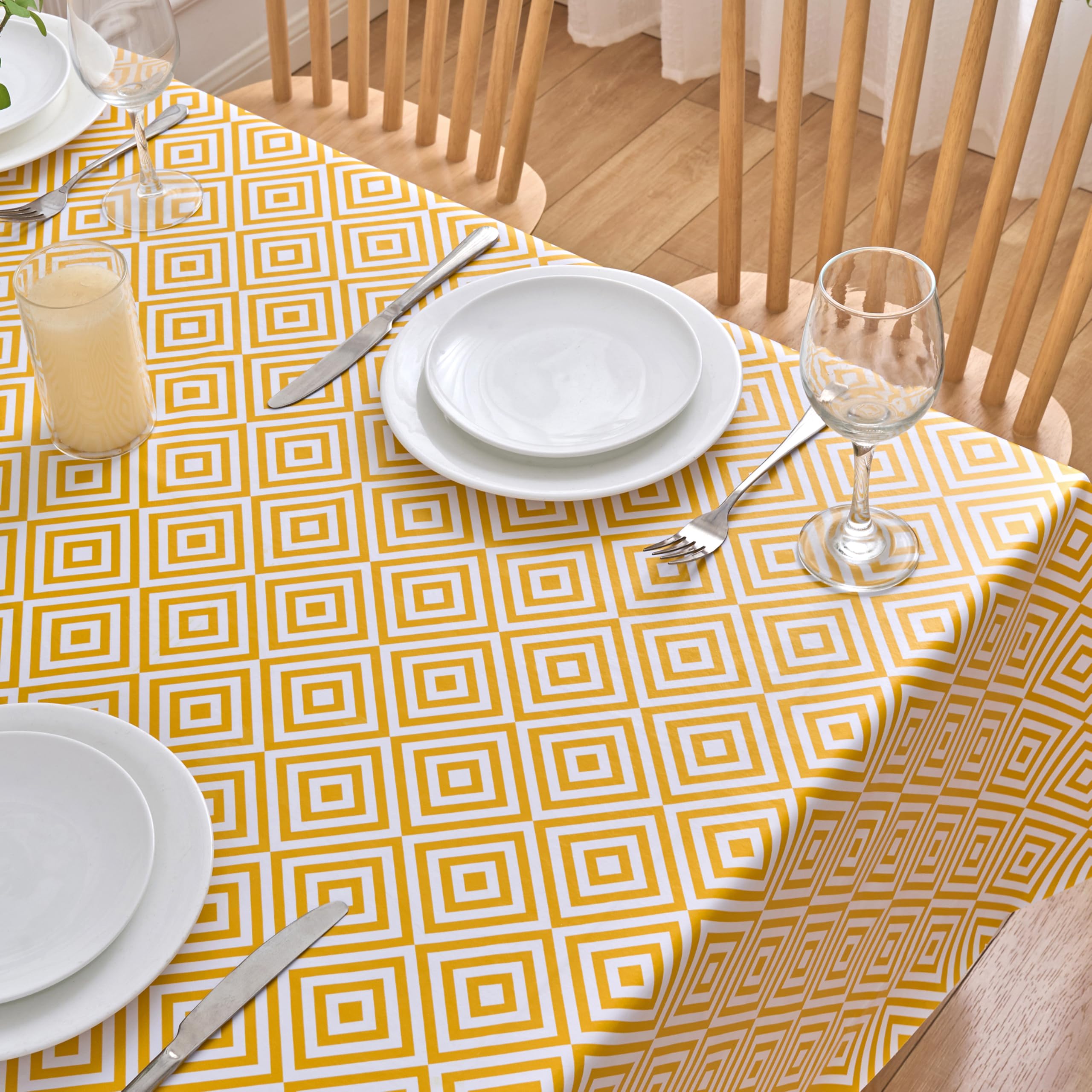 Dehaus® Wipe Clean Table Cloth - Ochre Geo Diamond - Yellow PVC Oilcloth Table Cover - Rectangular Plastic Vinyl Tablecloth - Water Resistant Easy Clean - Kitchen Dining Protector (140 x 250cm)