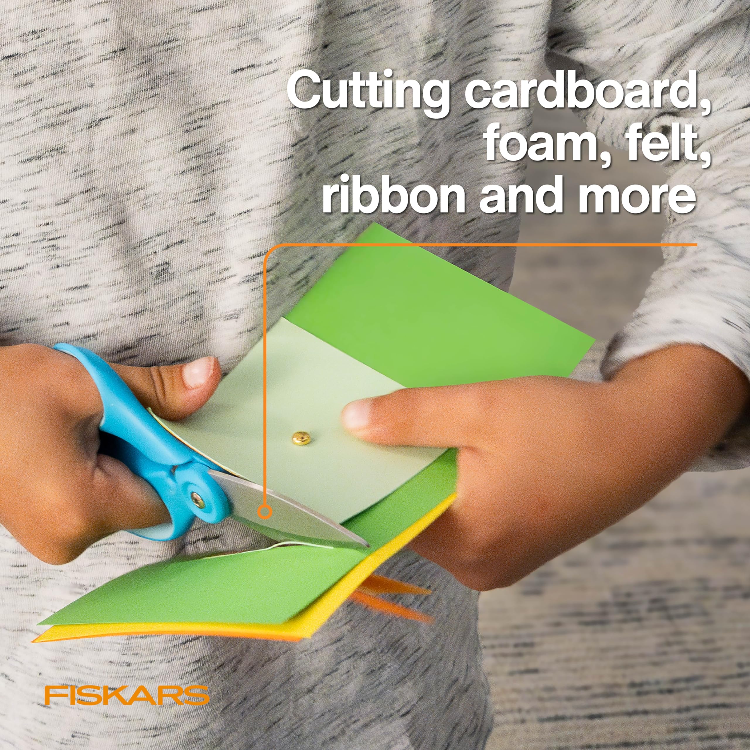 Fiskars Kids Super Scissors – Cutting Power for Cardboard, Foam, Felt & More with SoftGrip Handles, For Crafting and School Supplies, 6 inches