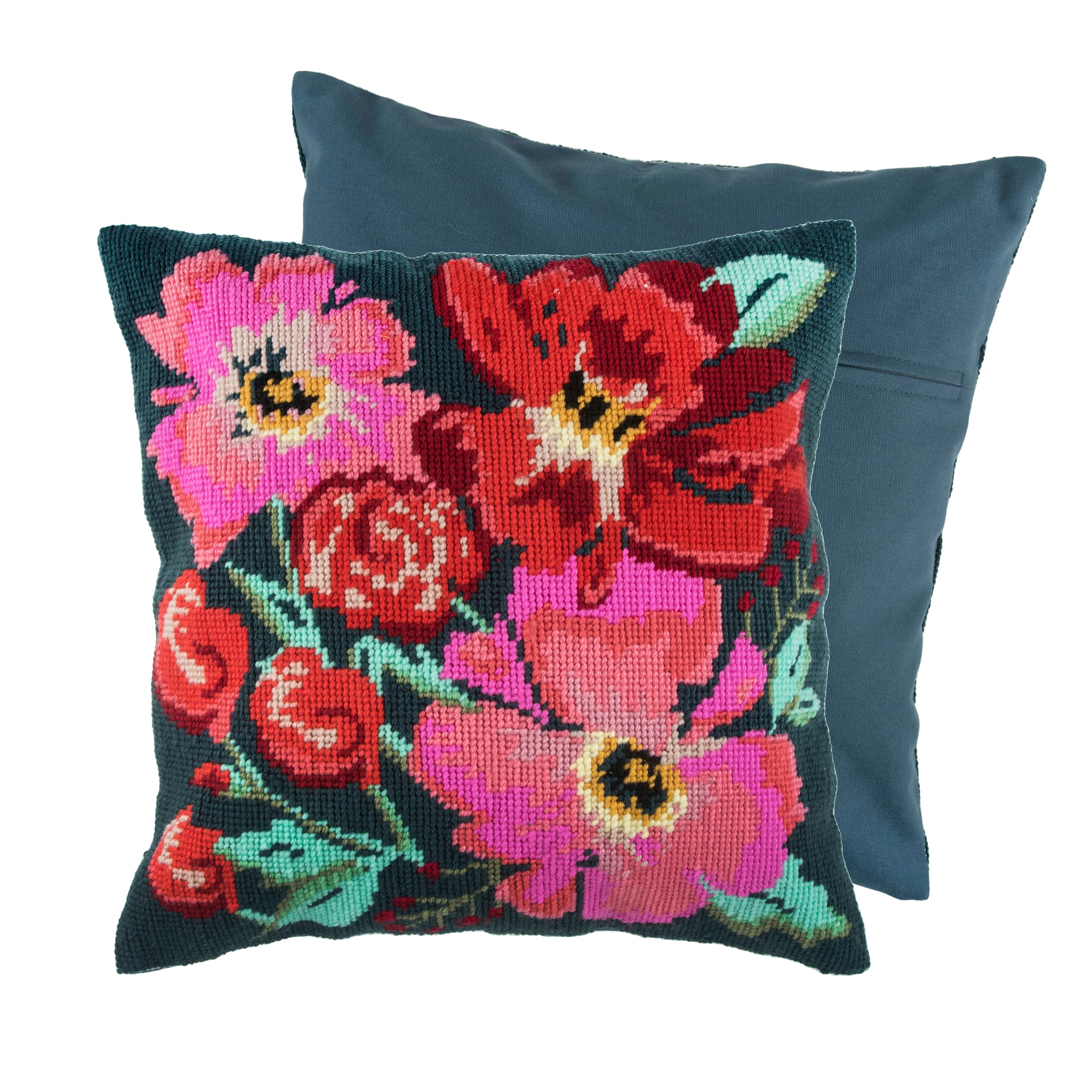 Trimits Half Stitch Cross Stitch Cushion Kit, Cushion Back Included, Pre Printed Canvas, Yarn and Needle Included 40 x 40cm (15.75 x 15.75in), Painted Flower — image 1