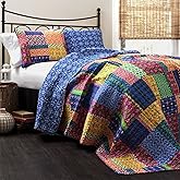 Lush Decor Misha Reversible Cotton Quilt Queen Size 3 Piece Set Full/Queen Fuchsia & Navy - Queen Bedding Set - Colorful Patchwork Quilt - Boho Decor