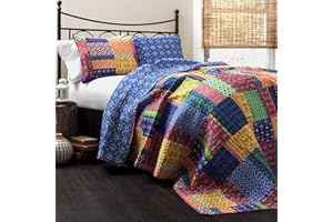 Lush Decor Misha Reversible Cotton Quilt King Size 3 Piece Set Fuchsia & Navy - King Bedding Set - Colorful Patchwork Quilt - Boho Bedroom Decor