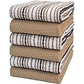 Kitchen Towels 16”x 26” - 6 Pack | Large Cotton Dish Towels | Popcorn Stripe Design | 430 GSM Highly Absorbent with Hanging Loop | Tan