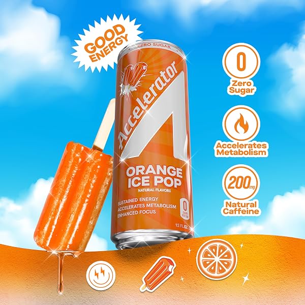ACCELERATOR ENERGY DRINK, ORANGE ICE POP 12OZ CAN (12 PACK), ZERO SUGAR, SUSTAINED ENERGY FROM 100% NATURAL CAFFEINE (200MG FROM GREEN COFFEE BEAN & GREEN TEA EXTRACT)