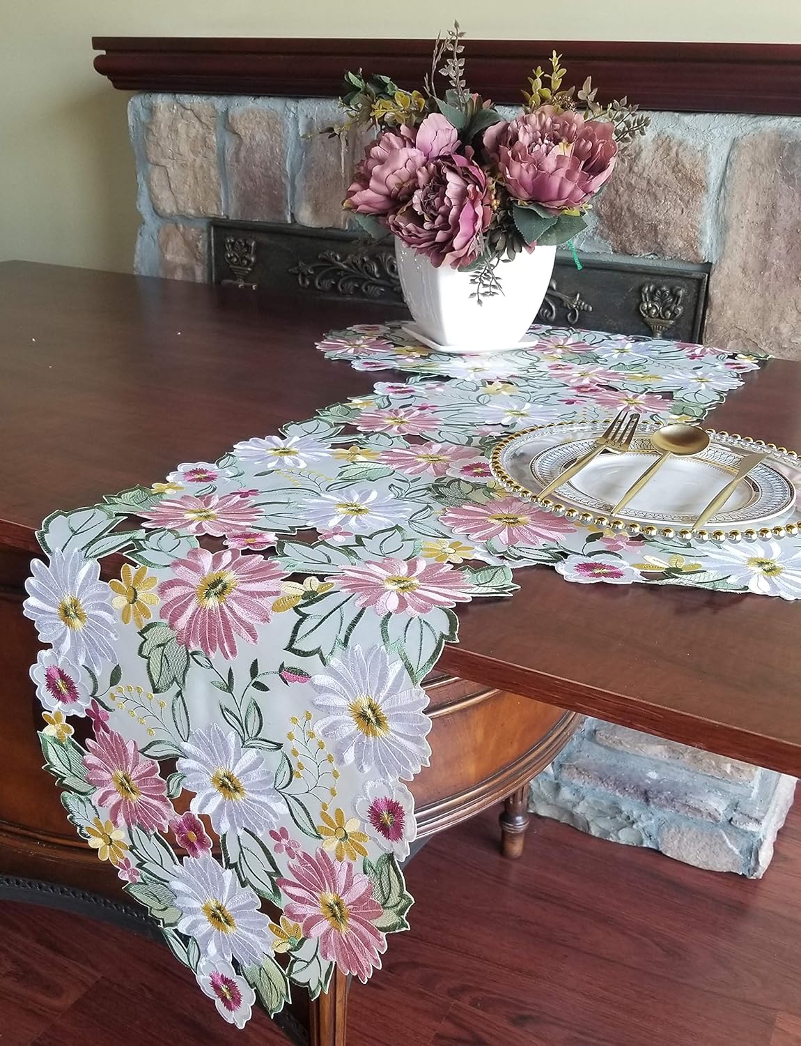 GRANDDECO Embroidered Flowery Table Runner,Applique Floral Daisy Cutwork Embroidered Table Linen, Home Kitchen Dining Tabletop Decoration, Runner 13"×68" (Runner 13"×68"（33x172cm）, Spring Color): Home & Kitchen