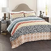 Lush Decor Bohemian Stripe Reversible Cotton Quilt Set, 3 Piece Set, Full/ Queen, Turquoise & Orange -Striped Bedding Set - Blue Quilts Queen Size - Boho Decor