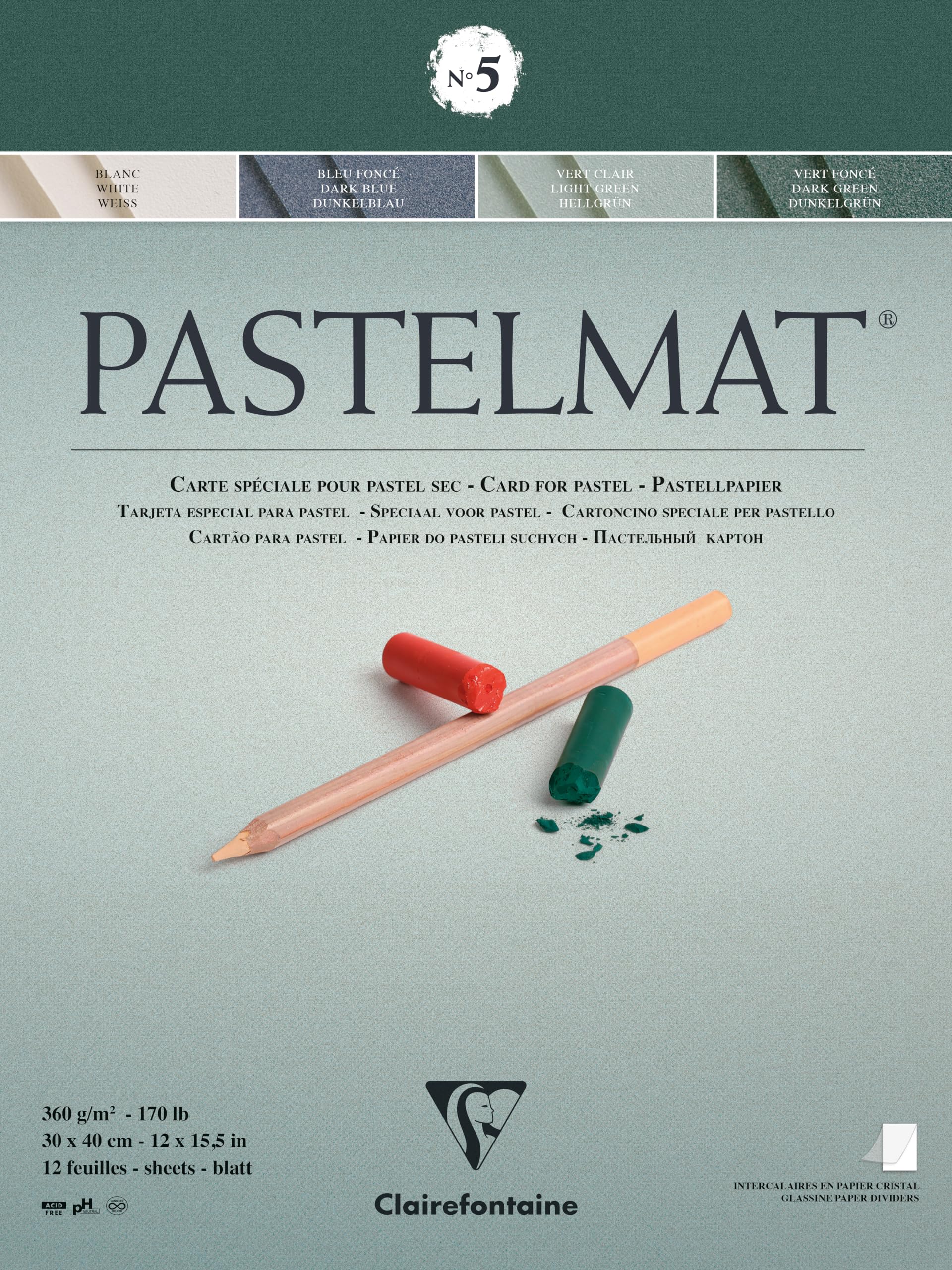 Clairefontaine - Ref 96115C - Pastelmat Pastel Card Pad No.5 (12 Sheets) - 360gsm Card - 30 x 40cm - Assorted Colours - Specially Formulated For Use With Pastels