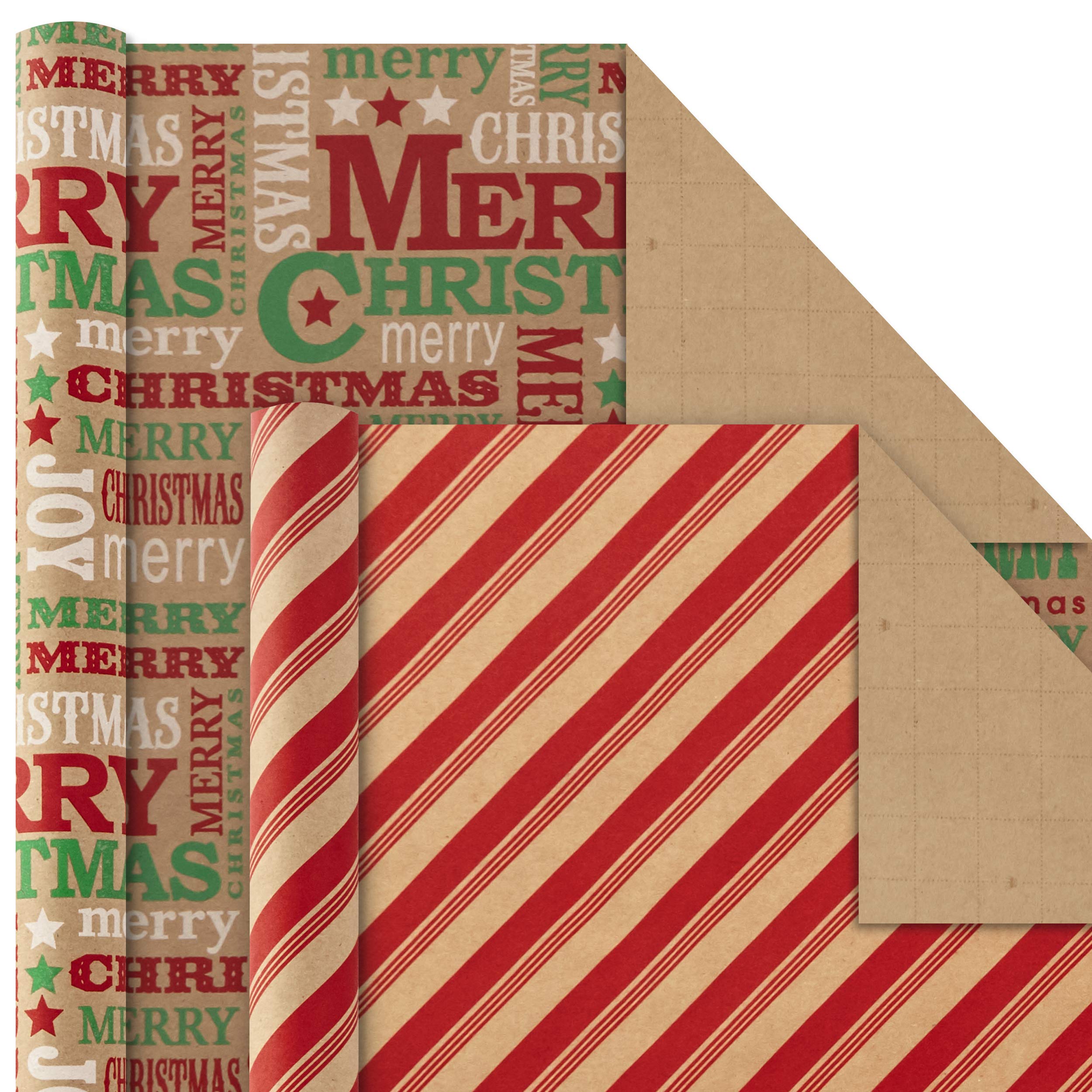 Hallmark Christmas Wrapping Paper Bundle with Cut Lines on Reverse, Kraft (Pack of 4, 88 sq. ft. ttl) Red Trucks, Snowflakes, Stripes, Merry Christmas (5JXW1038)