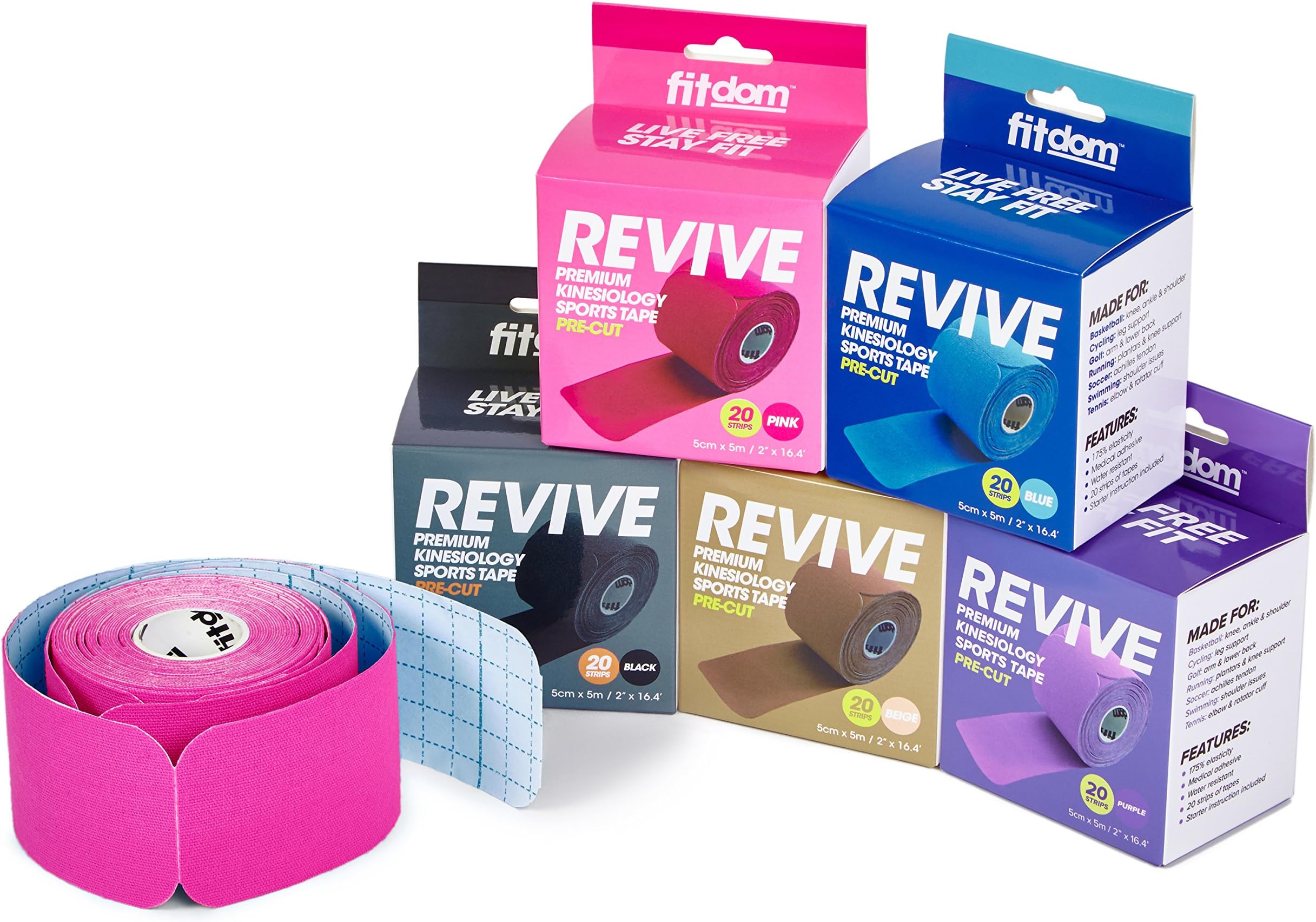Fitdom Kinesiology Physiotherapy Synthetic Sports Tape in Uncut, Precut & Bulk Roll + BONUS Instruction. FDA Approved. Therapeutic Taping for Knee, Shoulder, Elbow & More. Providing Recovery & Support