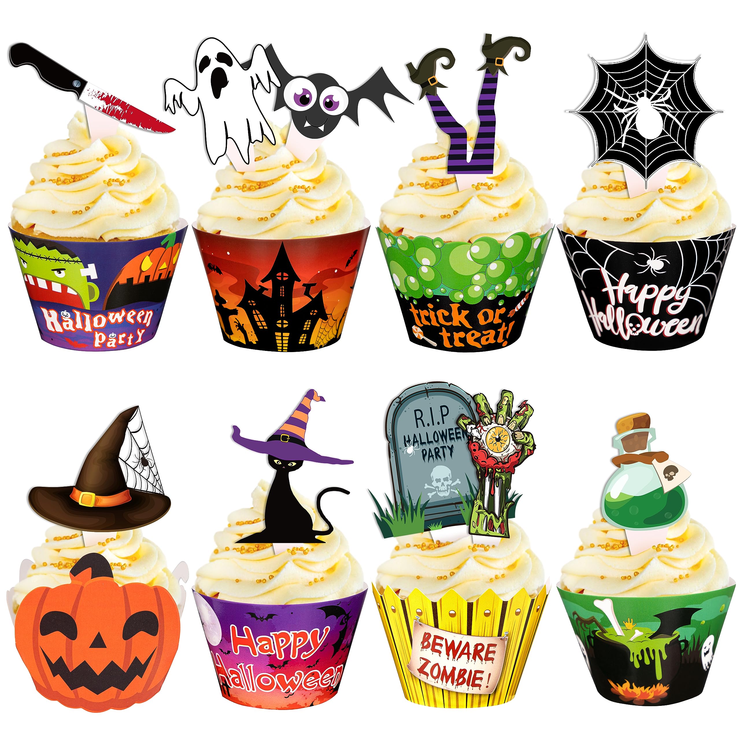 Photo 1 of 164PCS Halloween Cupcake Toppers Wrappers - Spider Web Pumpkin Zombie Hand Cake Party Decorations Supplies