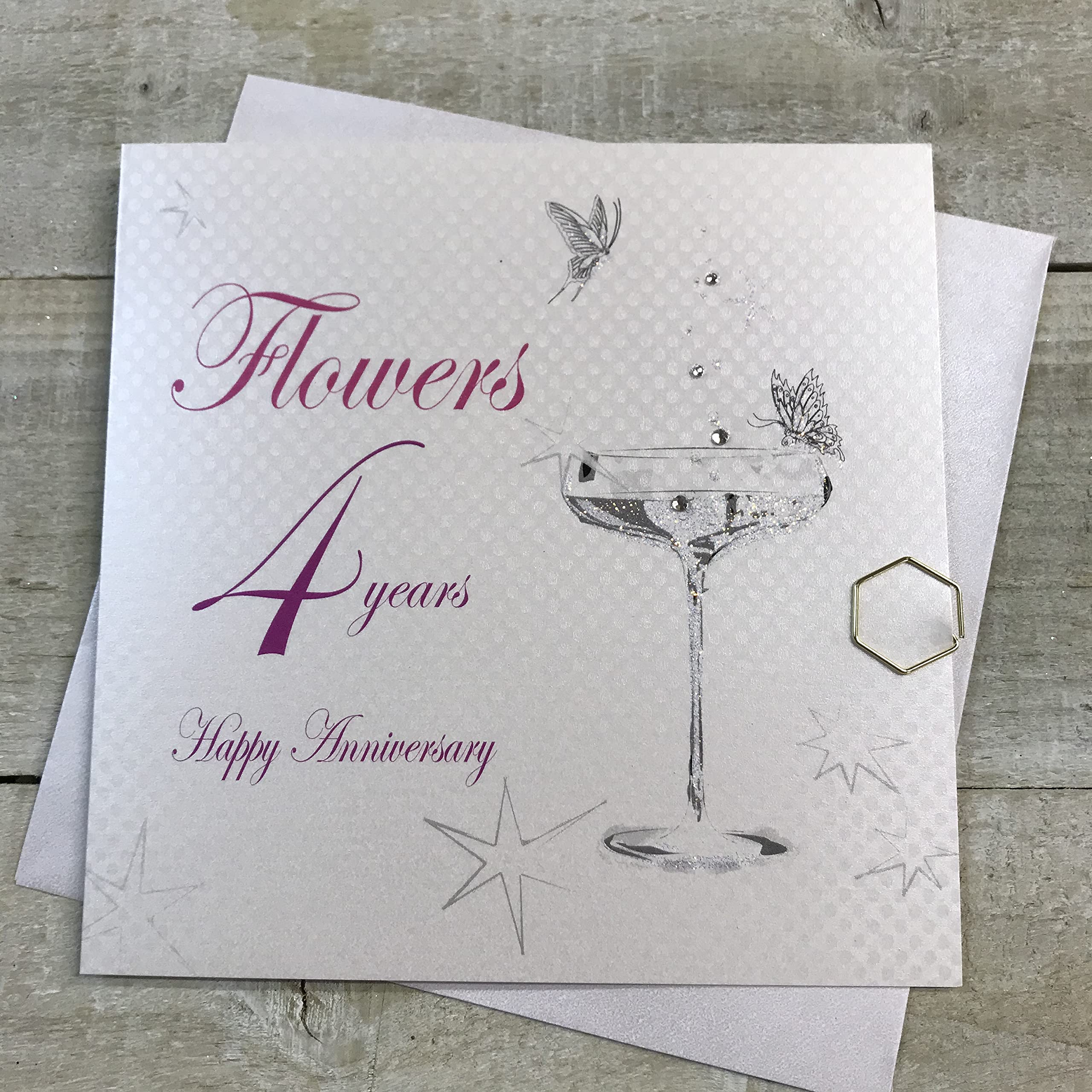 WHITE COTTON CARDS BD104C Coupe Glass Happy Anniversary 'Flowers' 4 Years Handmade Anniversary Card, White