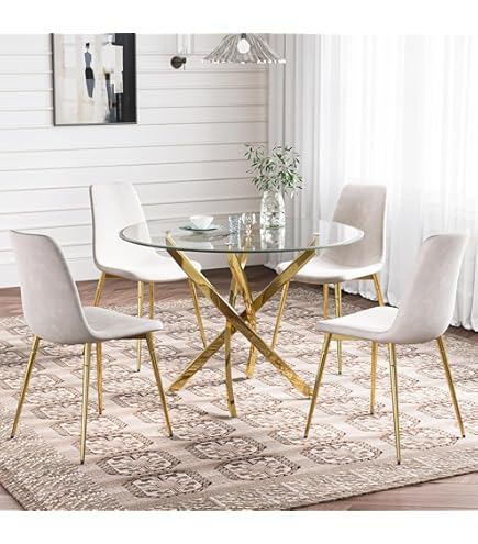 Gold Round Glass Dining Table Set For 4, Modern Kitchen Table And