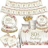 80th Birthday Party Tableware, 142Pcs Rose Gold 80th Birthday Decorations Includes 80th Birthday Plates and Napkins,Tablecloth,Cup,80 and Fabulous Banner,80th Birthday Decorations for Women