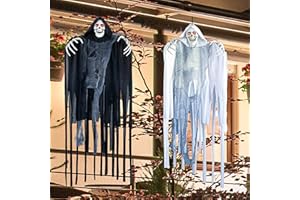 JOYIN 23.6” Halloween Hanging Grim Reapers (2 Pack), Hanging Ghosts with Led Eyes, Creepy Sounds and Shaking Motion for Indoor and Outdoor Halloween Decorations, Holiday Decoration Yard Decorations
