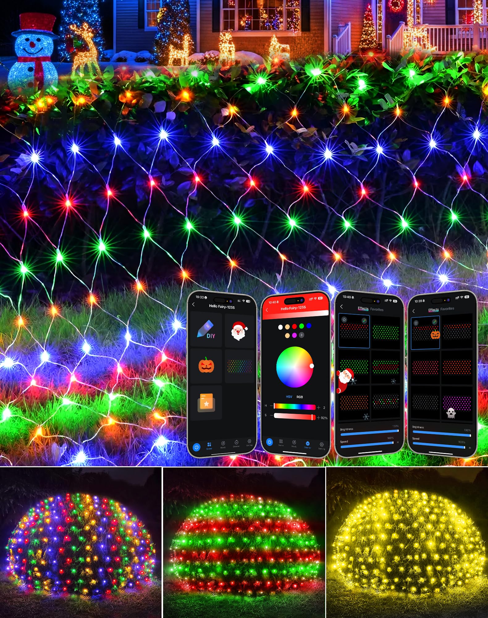 Photo 1 of 4 x 6FT Christmas RGB Net Lights Outdoor with Smart APP/Remote DIY Color Changing 150 LEDs Smart Mesh Lights for Bushes, Waterproof Christmas Mesh Light with Timer Music for Tree, Fence, Bush Decor