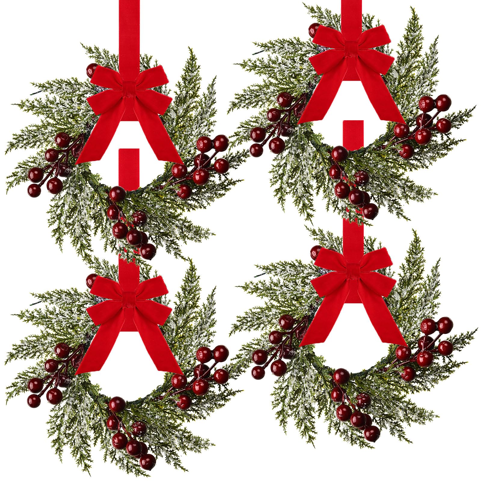 Photo 1 of 4 Pieces 8" Mini Christmas Wreaths - Small for Kitchen Cabinet/Window/Front Door, Artificial Red Berries & Pinecones, Christmas Candle Rings, Table/Farmhouse Decoration (No Ribbon)