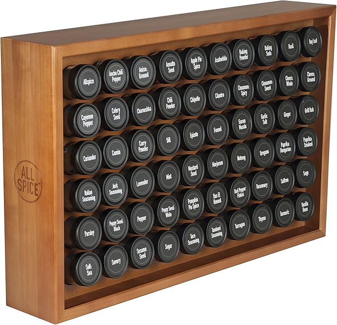 AllSpice Wooden Spice Rack, Includes 60 118ml Jars Cherry Stain