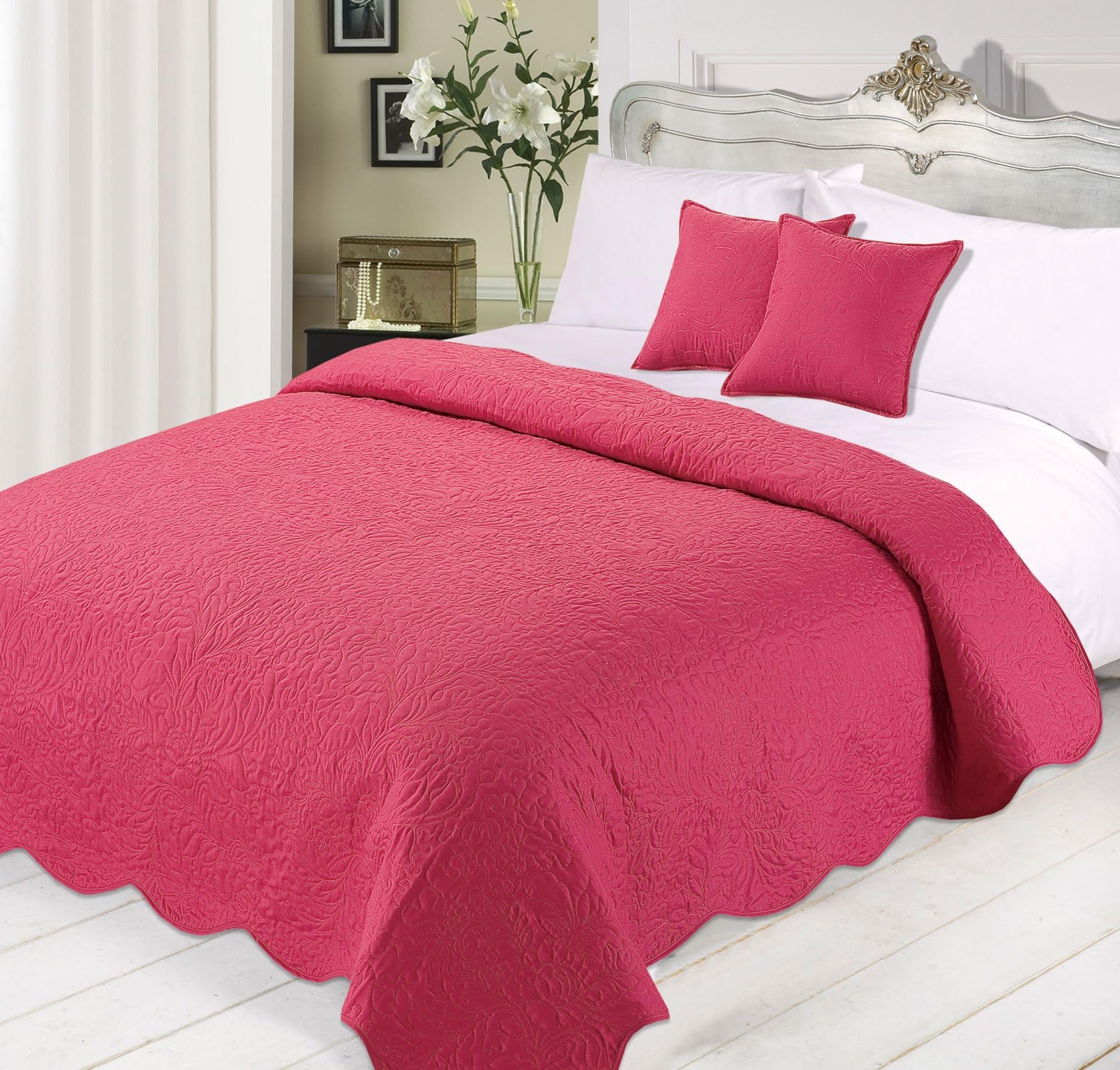 Dreamscene Luxurious Quilted Bedspread Comforter Cushions Set, Polyester, Raspberry, 3-Piece