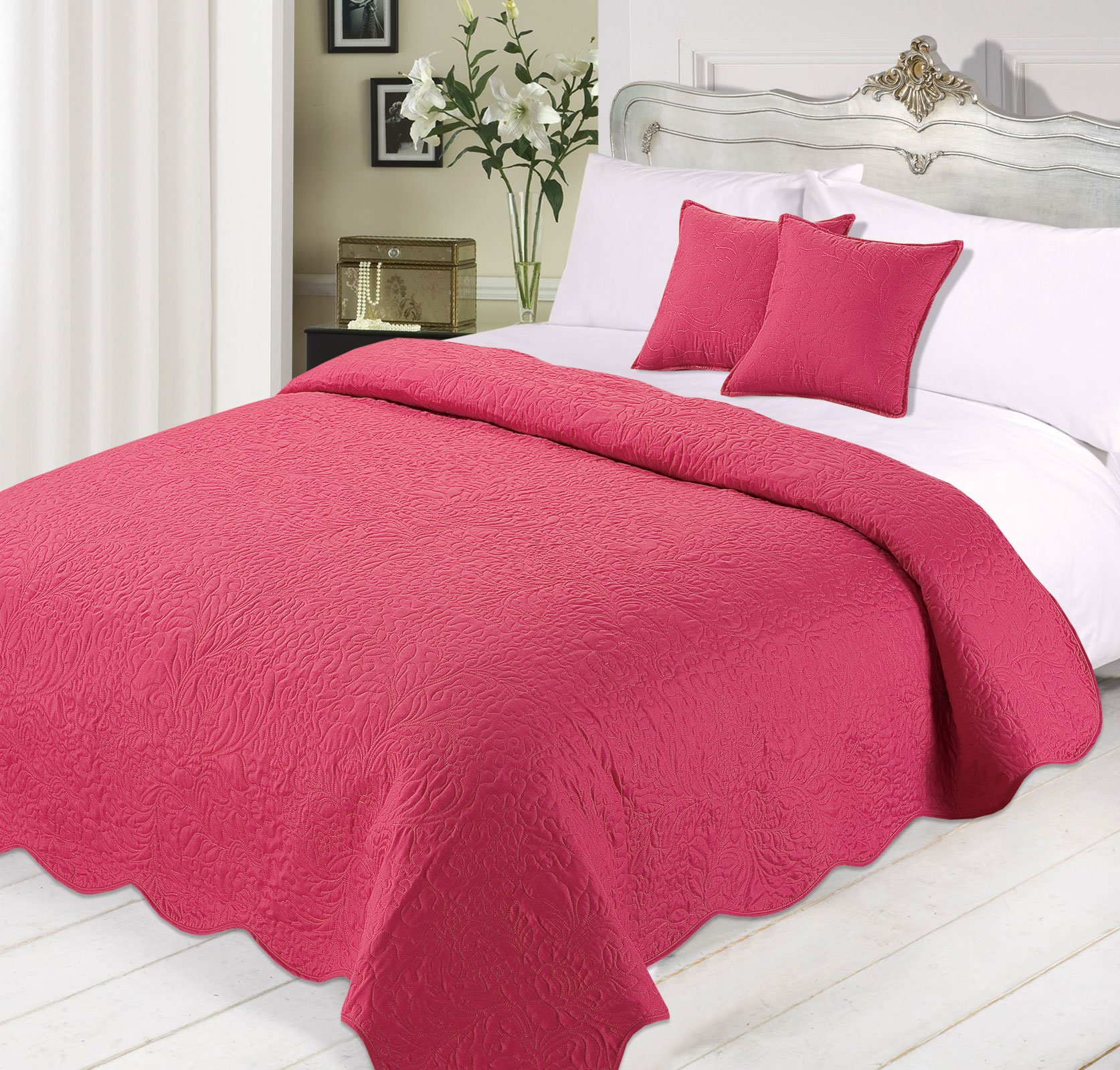 Dreamscene Luxurious Quilted Bedspread Comforter Cushions Set, Polyester, Raspberry, 3-Piece