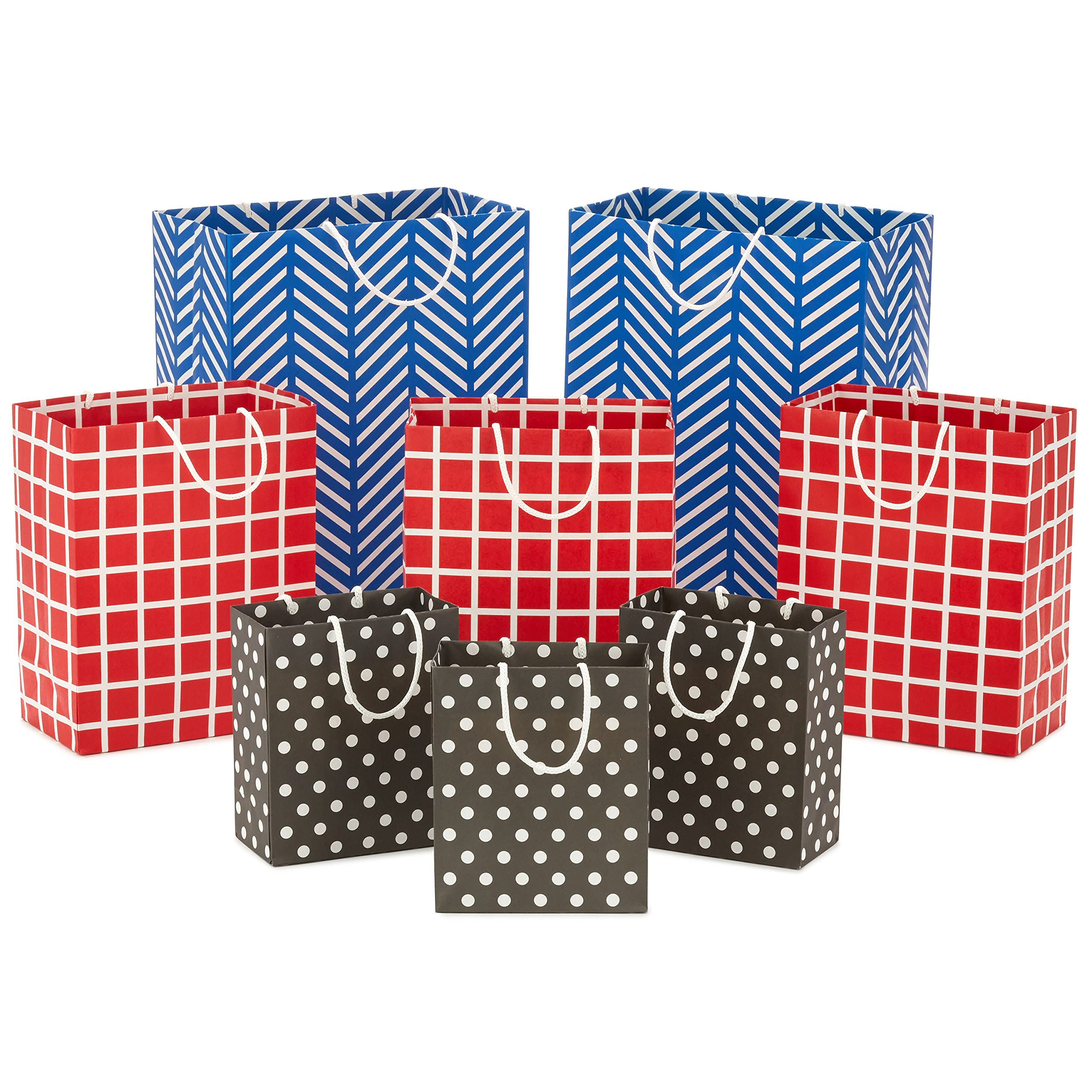 Hallmark Recyclable Gift Bag Assortment (8 Bags: 3 Small 6", 3 Medium 9", 2 Large 13") Red, Blue, Black and White for Birthdays, Graduations, Holidays — image 1