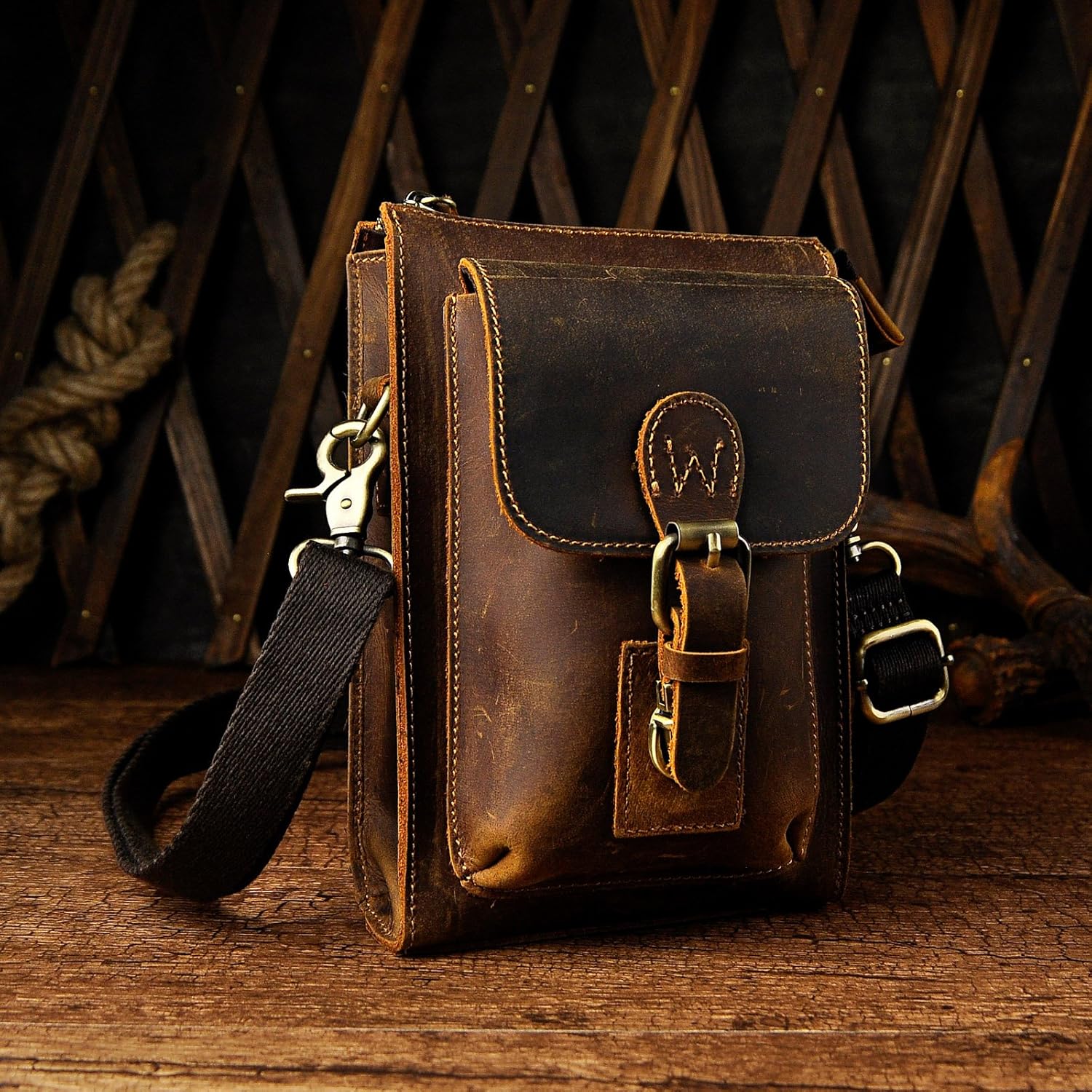Le'aokuu Mens Genuine Leather Small Messenger Shoulder Satchel Phone Pouch Belt Waist Bag Pack 6402 (6402 Darkbrown) - Image 4
