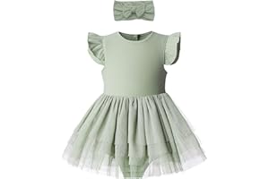 O2 BABY Organic Cotton Baby Girls Tutu Dress Baby's Tulle Dresses Ruffle Romper Jumpsuit with Headband Outfit Set 0-24Months