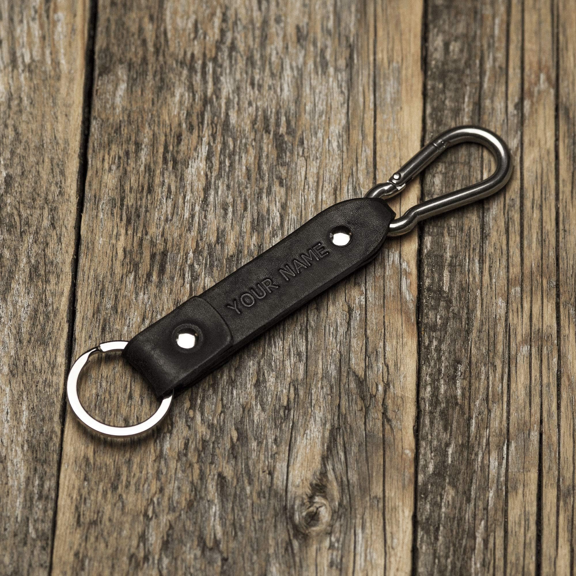 HAPPER STUDIOBlack leather key chain with carabiner, custom ring, monogrammed keychain, boyfriend fob holder clip keyring engraved personalised groomsmen gift, Latitude Longitude GPS