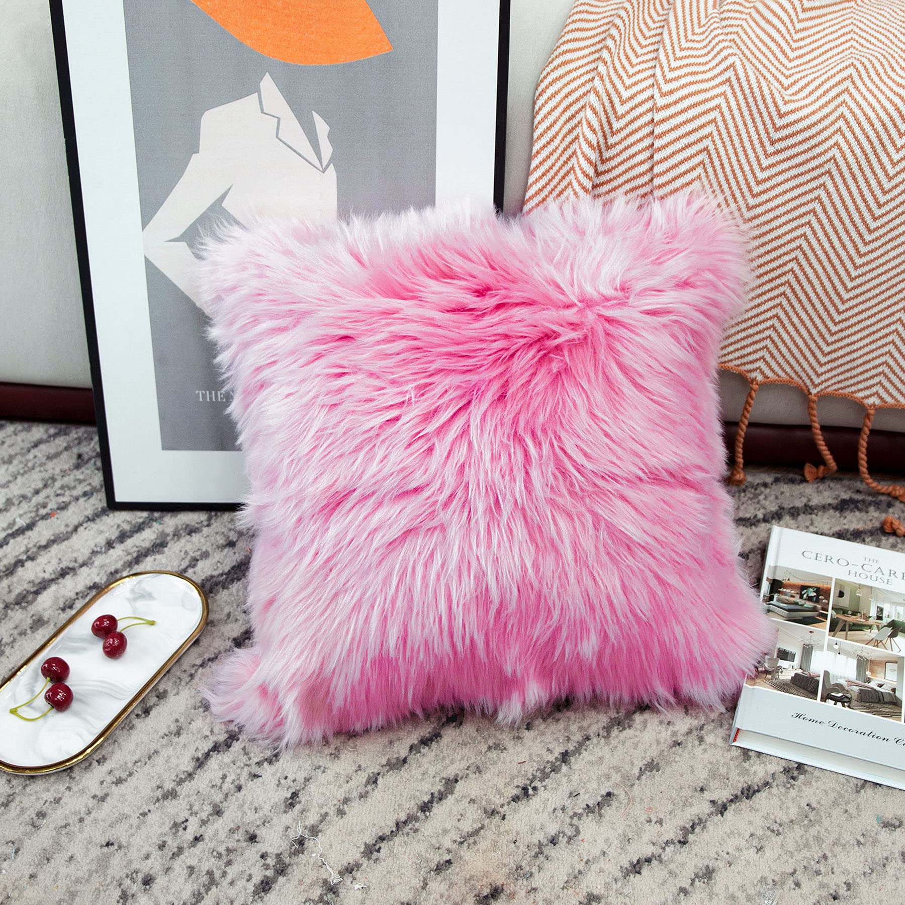 LIGICKY Luxury Series Soft Faux Fur Cushion Cover Decorative Square Plush Pillow Case Throw Pillow Cover for Couch Sofa Bed (Rose Red, 18 x 18 Inch) — image 1