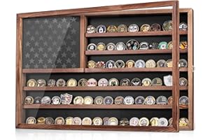 MOCAS Challenge Coin Display Case, Lockable Military Coin Holder Cabinet with Removable Star Board & HD Tempered Glass Door (27.6" L x 18.1" W), Solid Wood Wall Mount Coins Collection Rack Stand