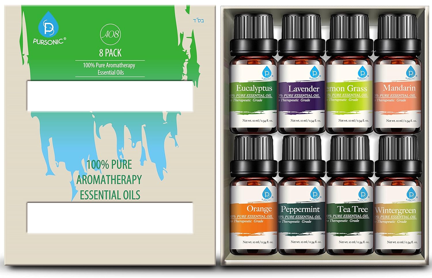  :Pursonic 100% Pure Essential Aromatherapy Oils Gift Set-8 Pack, 10ML Eucalyptus, Lavender, Lemongrass, Mandarin, Orange, Peppermint, Tea Tree & Wintergreen : Beauty