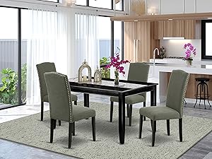 East West Furniture 5-Pc Dining Room Set - Dark Gotham Grey Linen Fabric Upholstered Dining Chairs - Black Finish 4 legs Hardwood Rectangular Modern Dining Table and Structure