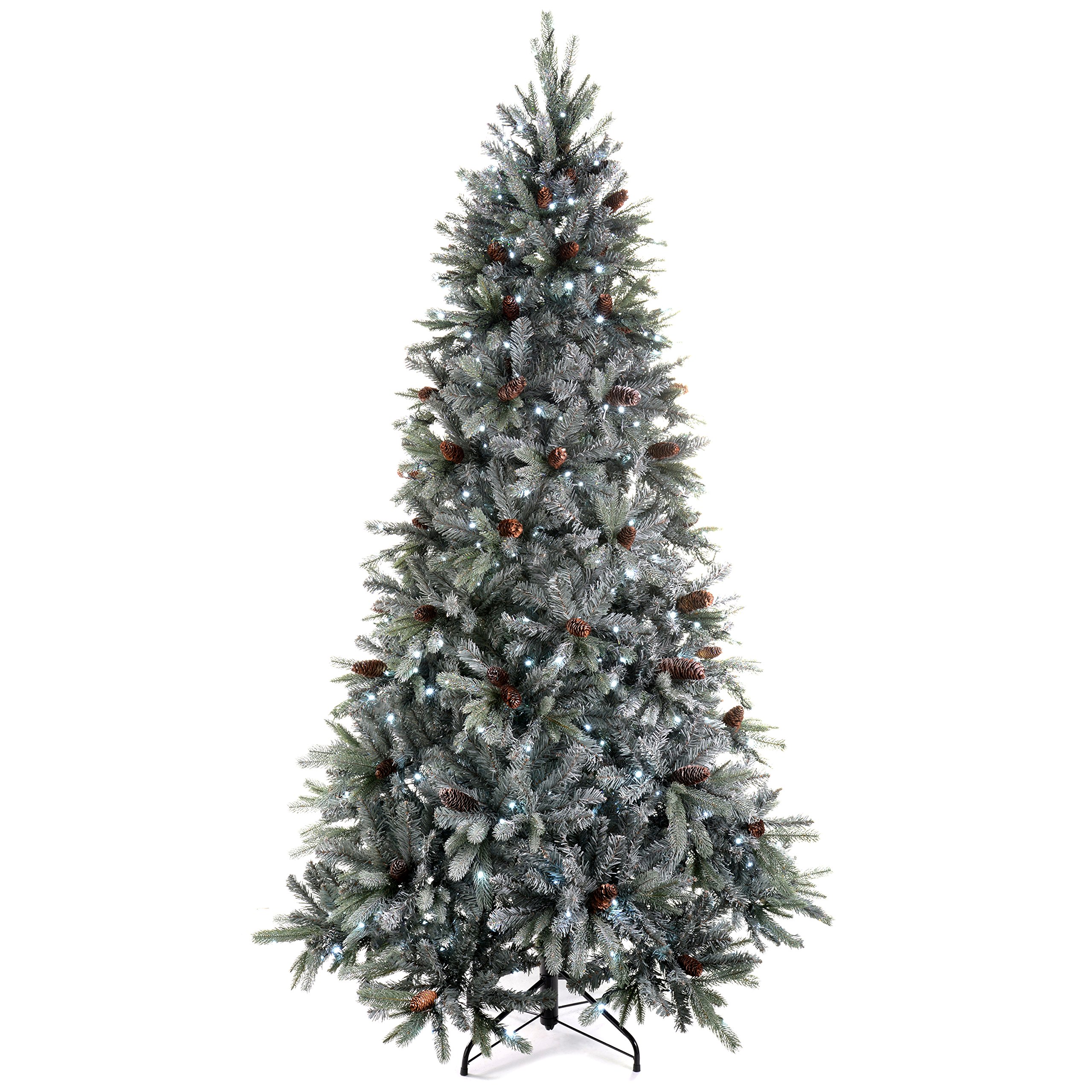 WeRChristmas 7ft Spruce Pre-Lit Multi-Function Christmas Tree Frosted Finish and Pine Cones with White/ LED Lights/ 8 Setting Controller/ Easy Build Hinged Branches, Edwardian Blue