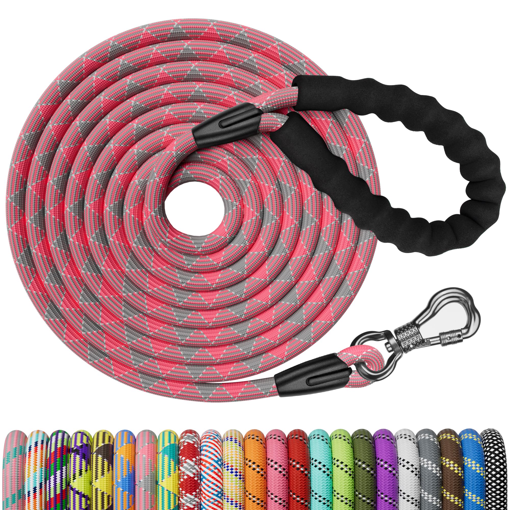 NTR Long Dog Leash, 30FT Check Cord with Swivel Lockable Hook and Comfortable Padded Handle for Pink Leash for Small Medium and Large Dogs Walking Training Hiking Camping Playing