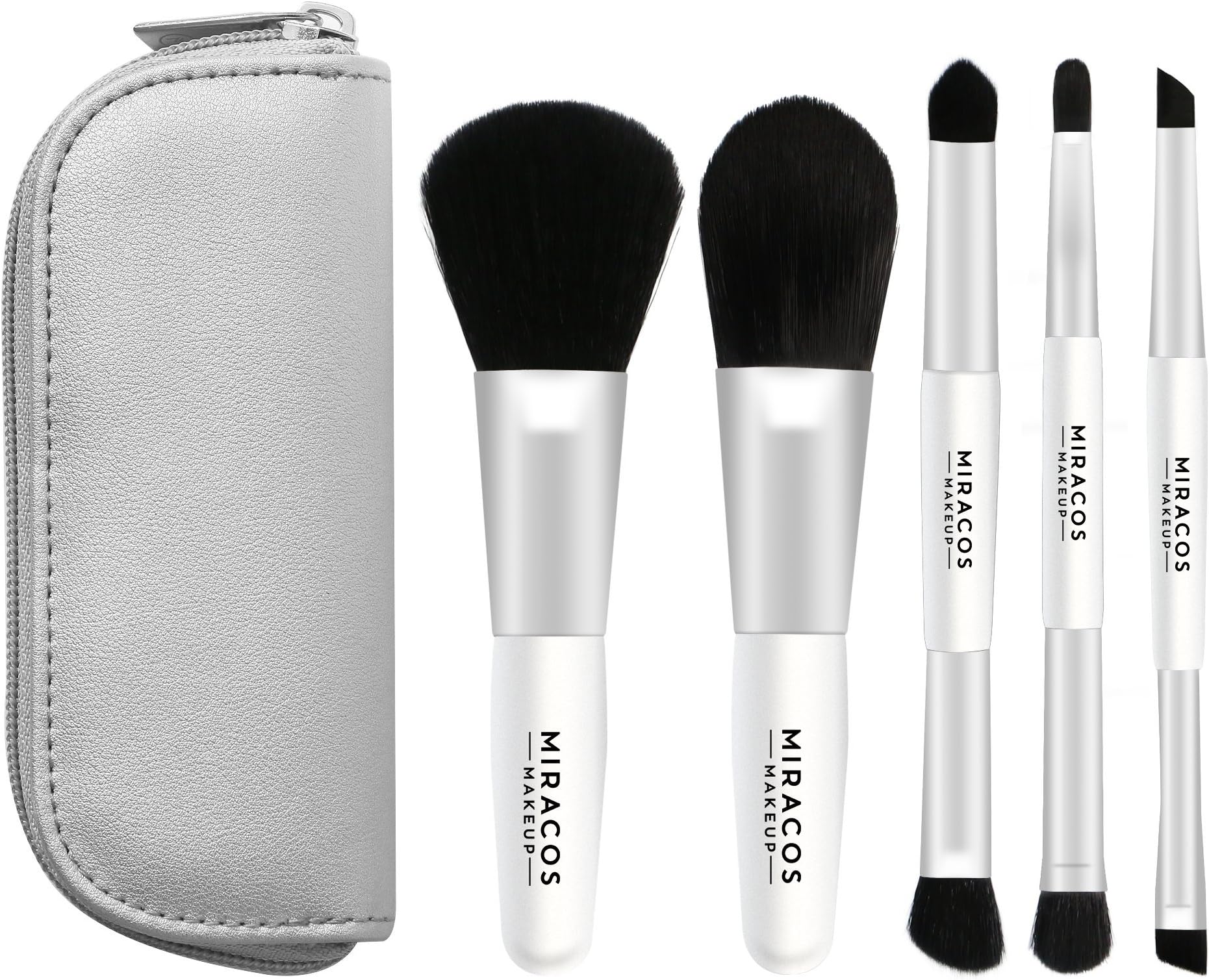 Miracos Makeup Portable Mini Face Makeup Brushes Kit with Travel Case 5 Pcs - Synthetic Hair, White