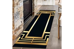 Black Gold Rugs for Living Room, 2x6ft, Minimalist Luxury Gold Geometric Entrance Rug, Shed Resistant Easy Clean Carpet, Brea