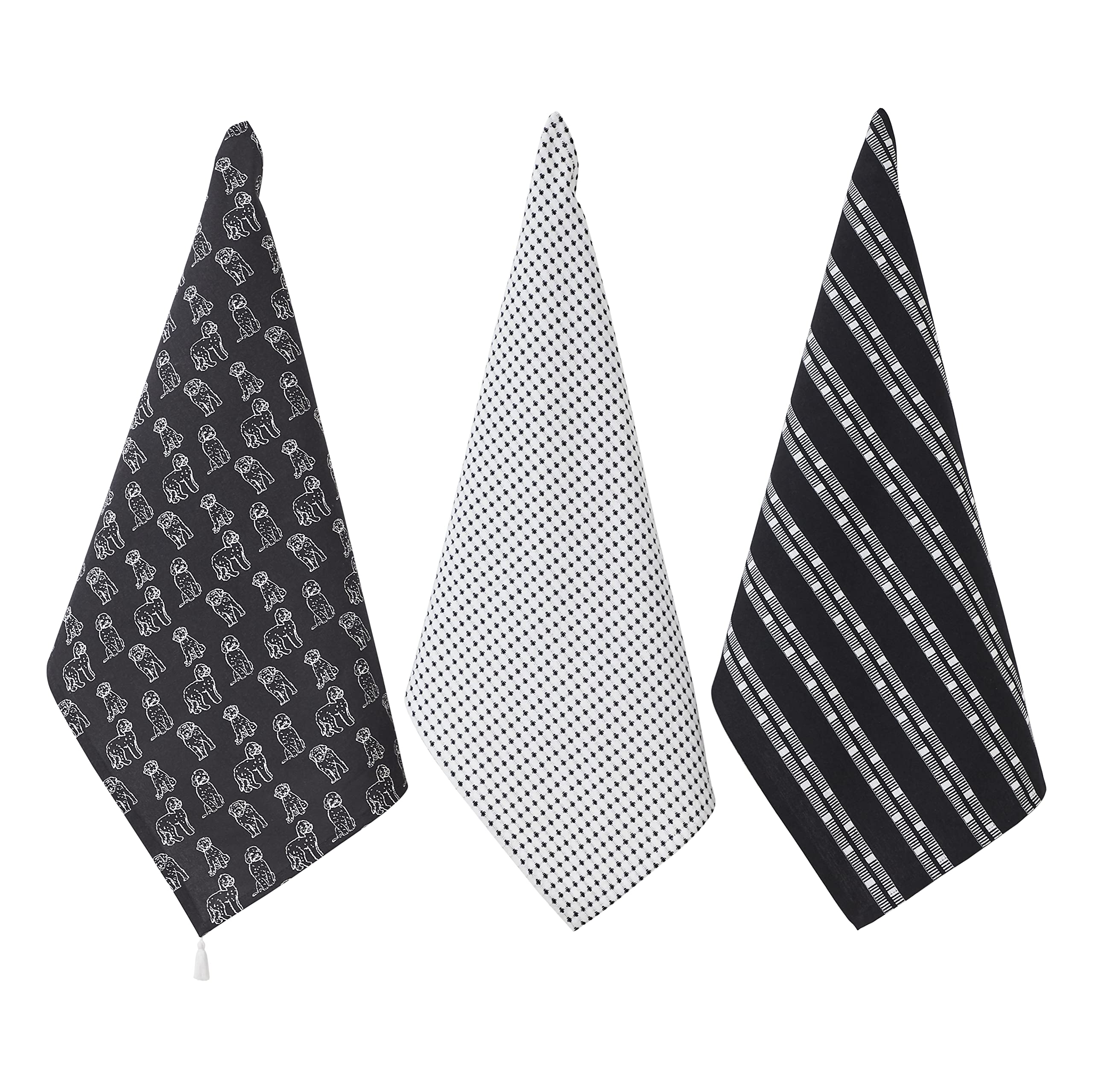 Penguin Home Set of 3 Recycled cotton Tea Towels, Eco Friendly Sustainable Plain weave printed kitchen towels with tassels on both corner Size - 50x70 cm Colour - White & Black Dish Towels — image 1