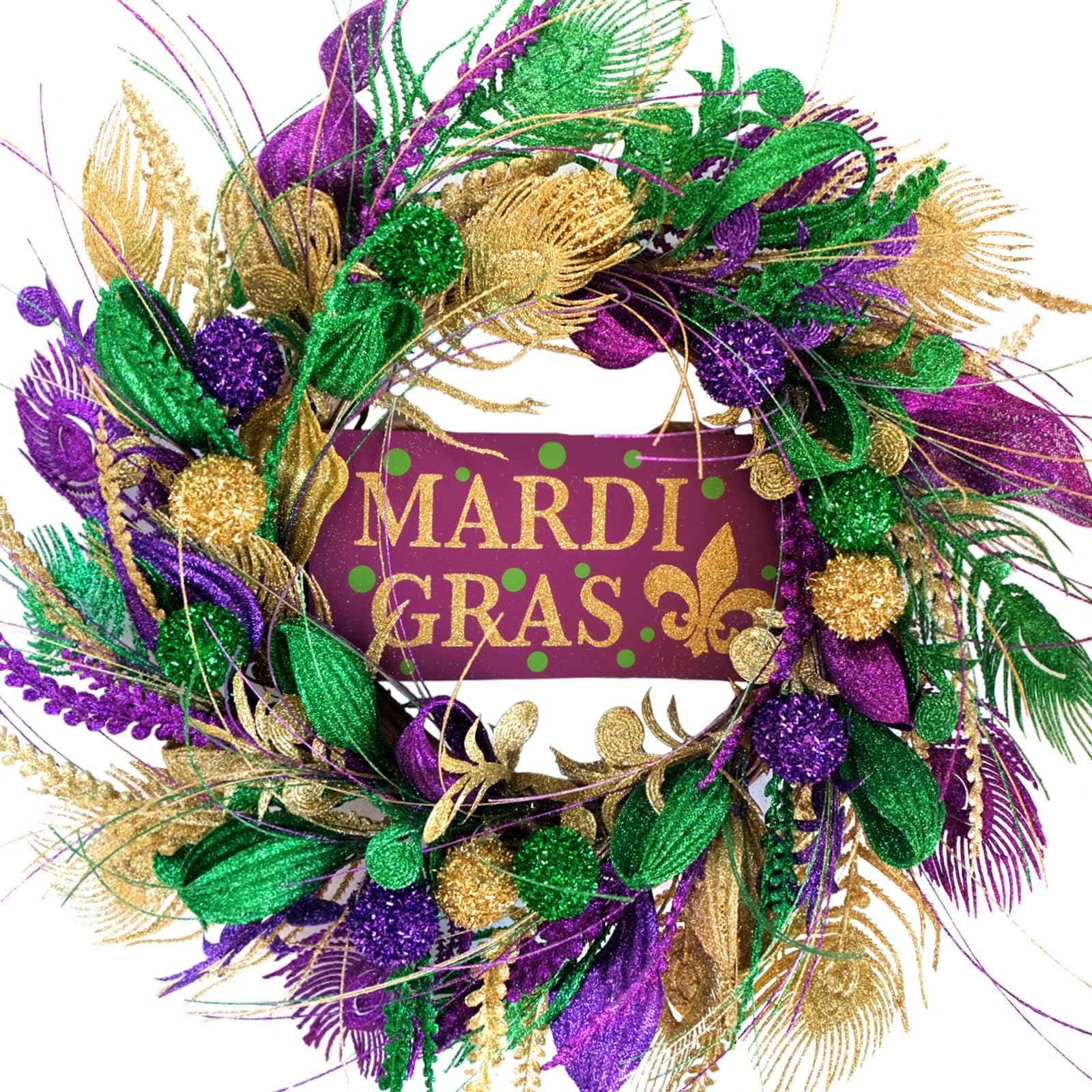 Photo 1 of TEMPUS 20 inch Mardi Gras Purple and Green Glitter Wreath for Carnival Front Door and Party Decorations, Mardi Gras Party Home Decor Wreath with Mardi Gras Sign, Indoor and Outdoor Glitter Party Wreat