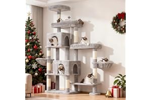 Hey-brother Cat Tree Tower, Scratching Posts with a Extended Part, Wide Platforms, Cozy Condos, Hammocks, Sisal Columns and Ball for Indoor Cats, 70.1 Inches, Light Gray MPJ038W