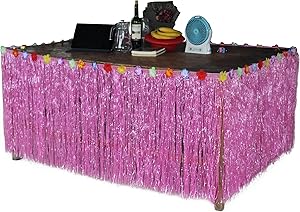 Fighting to Achieve Hawaiian Hibiscus Table Skirt with Color String & Silk Faux Flowers Party Decoration, Pink 9 FT